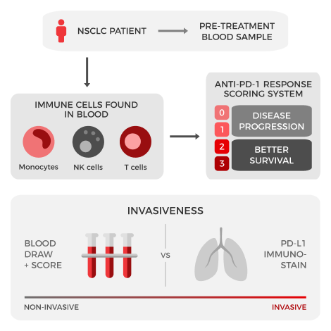 Flow chart infographic. At the top are icons representing an NSCLC pre-treatment blood sample in one box. A second box has icons for three immune cell types found in blood: monocytes, NK cells, and T cells. A third box has a 0-3 score running down the left side with scores 0 and 1 corresponding to disease progression and scores 2 and 3 corresponding with better survival in response to anti-PD-1. At the bottom icons representing tubes of blood on the left for scoring are compared “versus” a lung icon for PD-L1 biopsy immuno-stain on the right. Below, a grey to red gradient from left to right is labeled non-invasive on the left and invasive on the right.