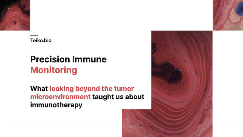 White background with black and red text in the middle surrounded by squares of abstract red paint splotches. The title reads "Teiko.bio Peripheral immune Monitoring" and the subtitle reads "What looking beyond the tumor microenvironment taught us about immunotherapy."